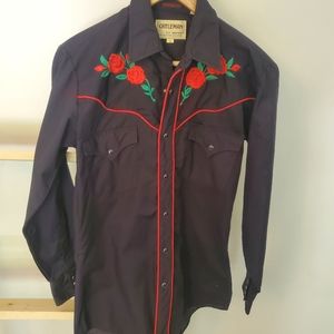 Cattleman small America an rose vintage black red pearl button dress shirt